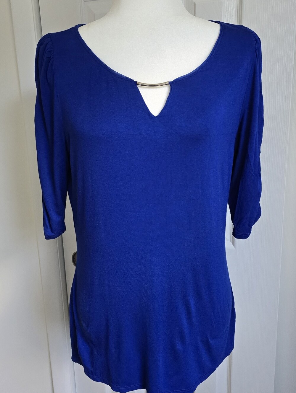 White House Black Market Royal Blue Scoop Neck Top with Metal Bar